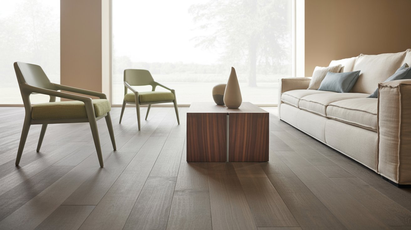 A cozy living room featuring wooden floors and matching wooden furniture, creating a warm and inviting atmosphere.