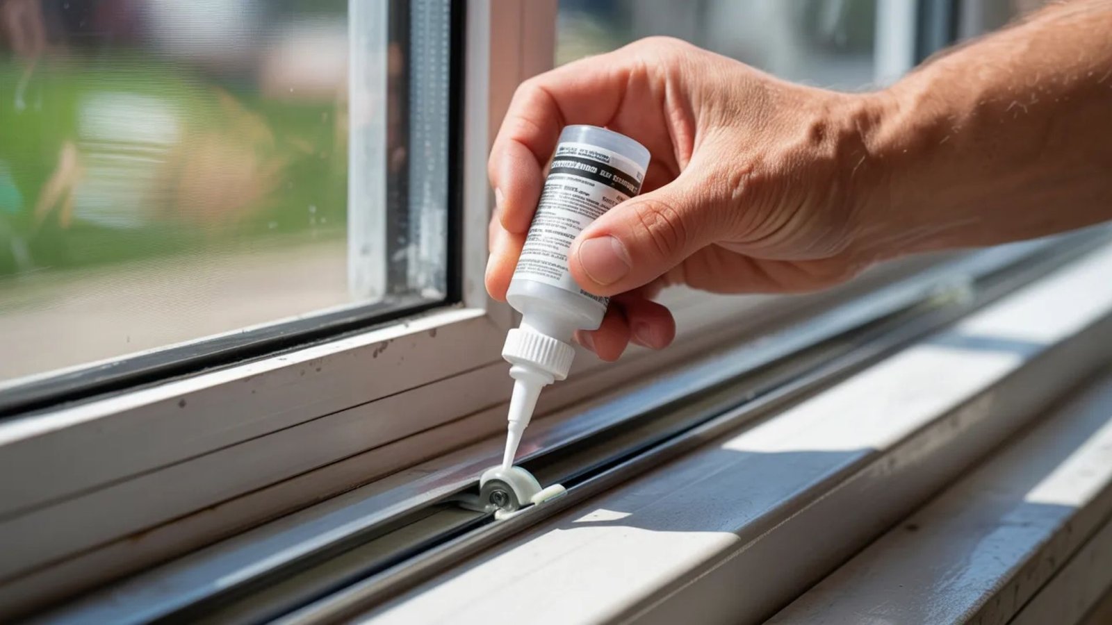 A person cleaning a window with a small white tube, focused on achieving a streak-free finish.
