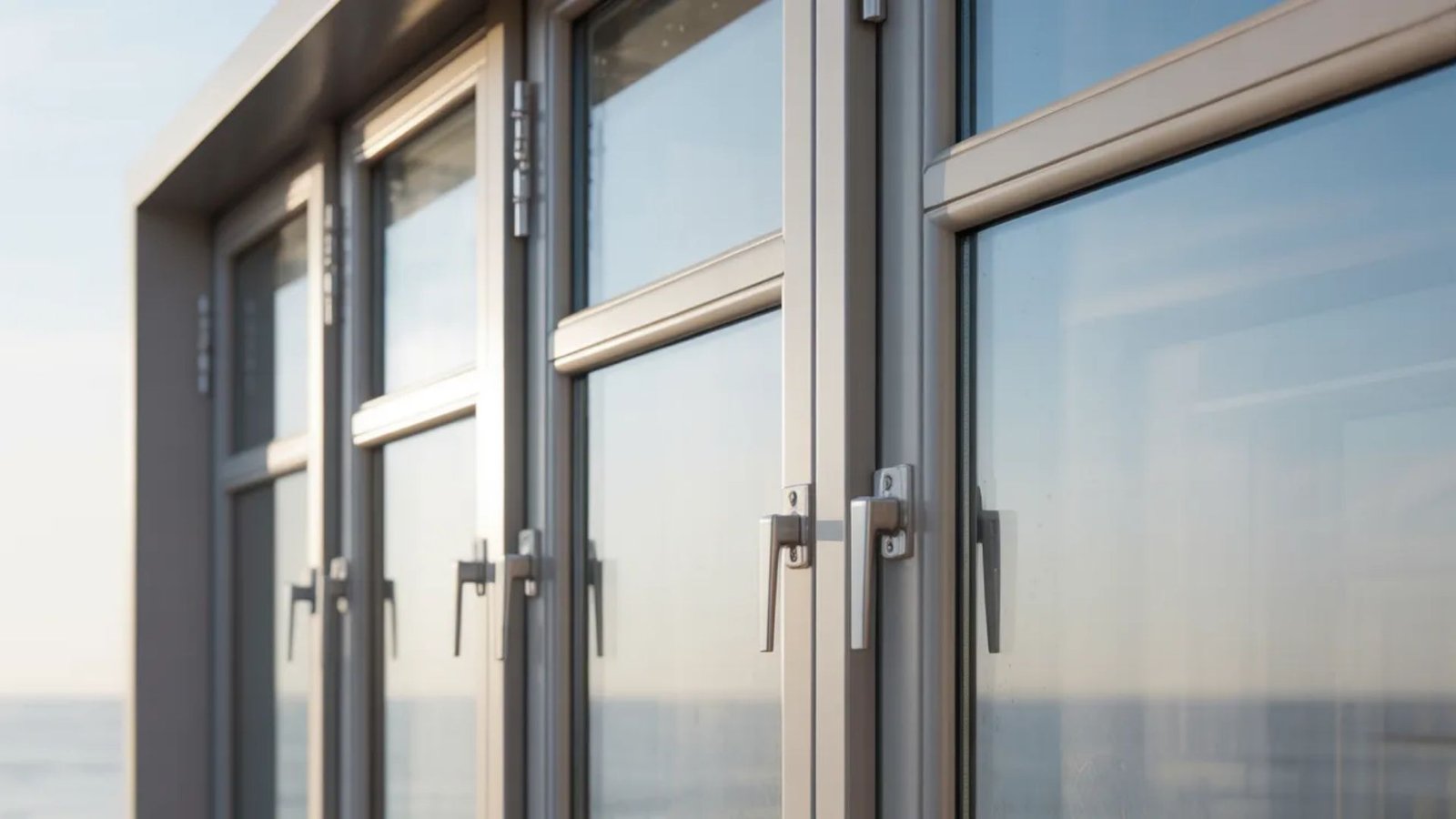 A window framing a serene view of the ocean, with gentle waves and a clear blue sky in the background.