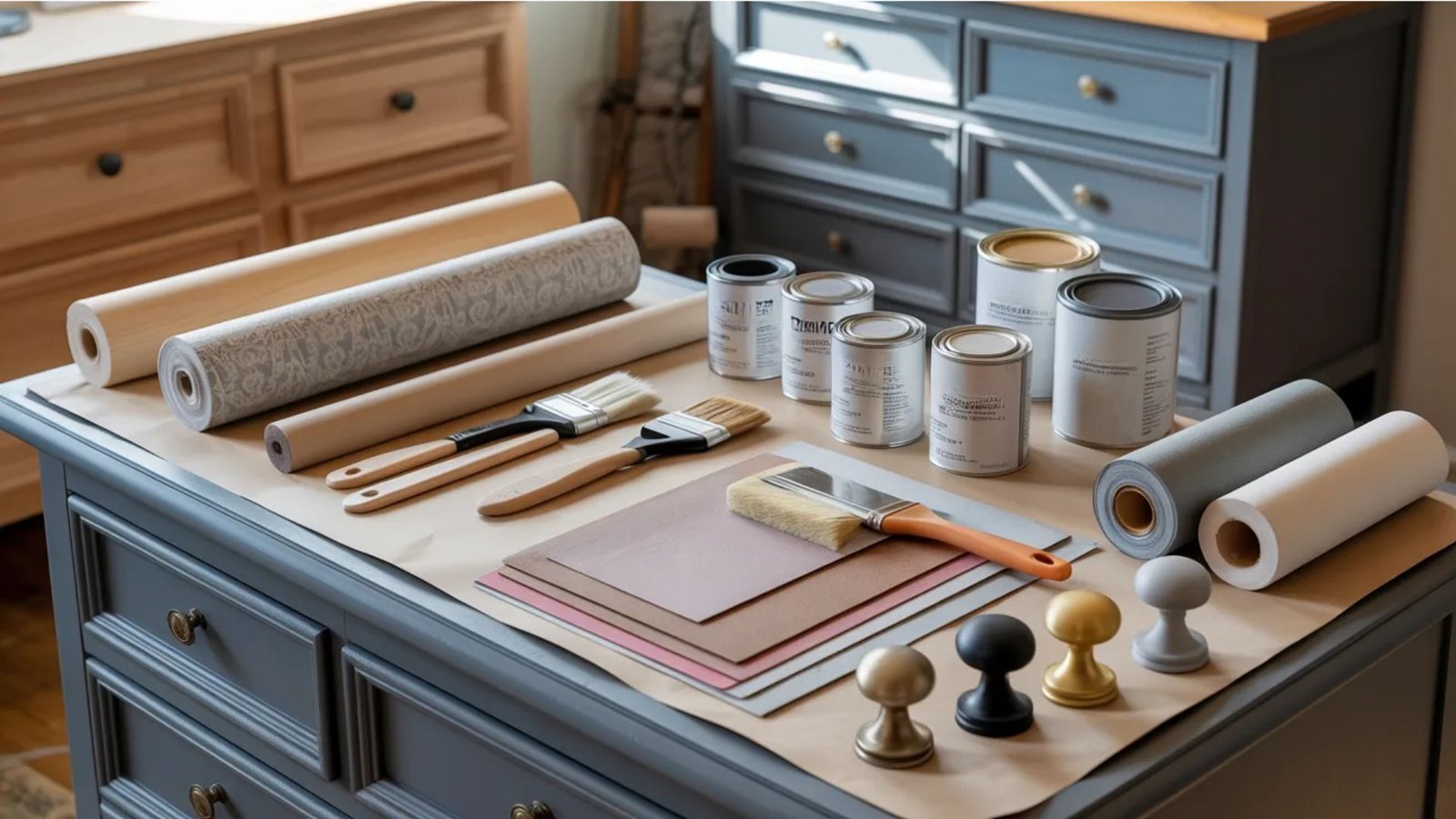 A table with rolls of wallpaper, paint cans, paintbrushes, and cabinet knobs in a well-lit room. Tone is organized and creative.