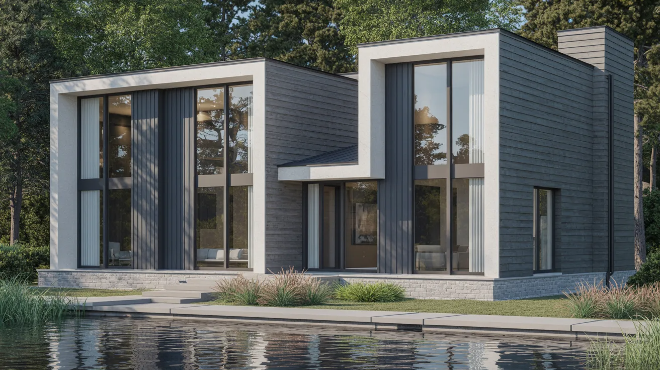 Modern house featuring large windows, surrounded by a serene pond reflecting the architecture.