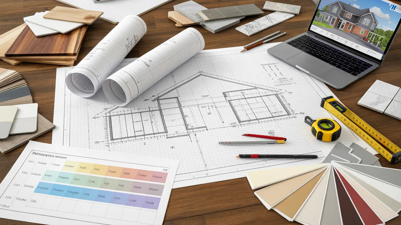 A table displaying various construction materials alongside a laptop, indicating a work or project planning setup.