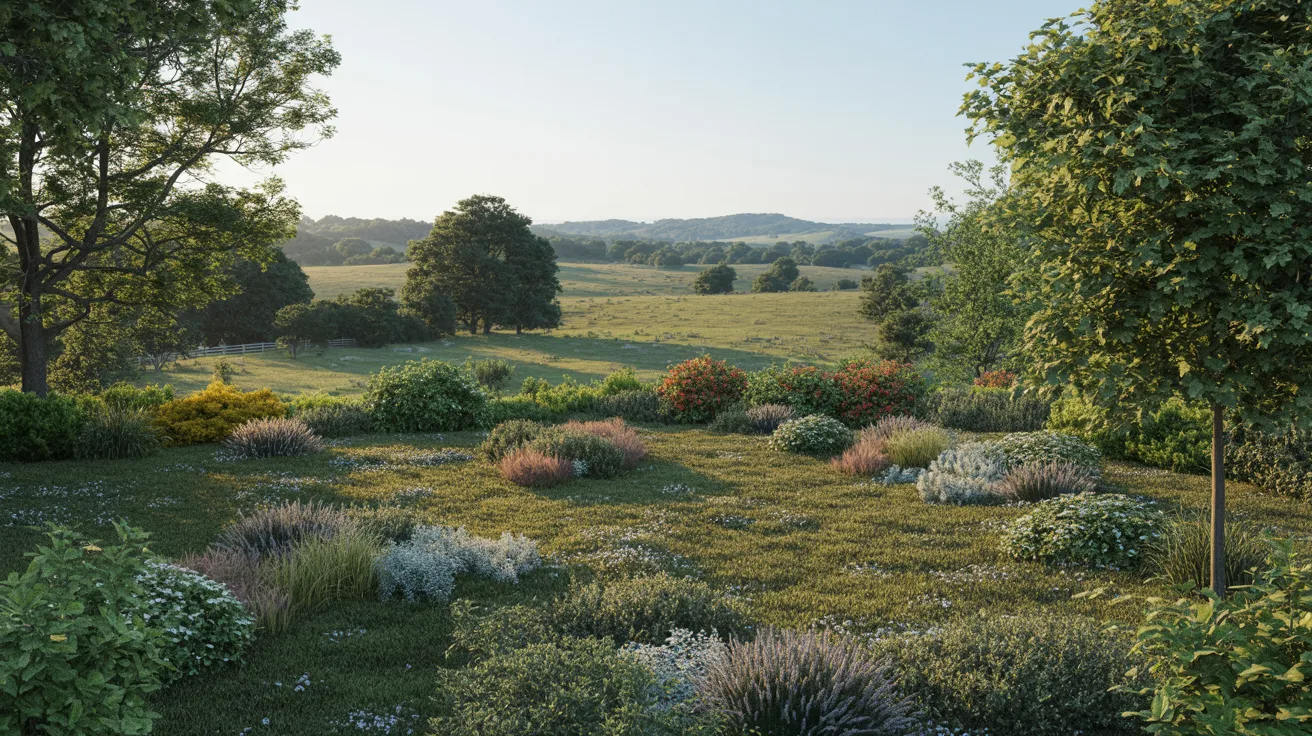 A serene field with green grass, featuring distant trees and bushes under a clear blue sky.