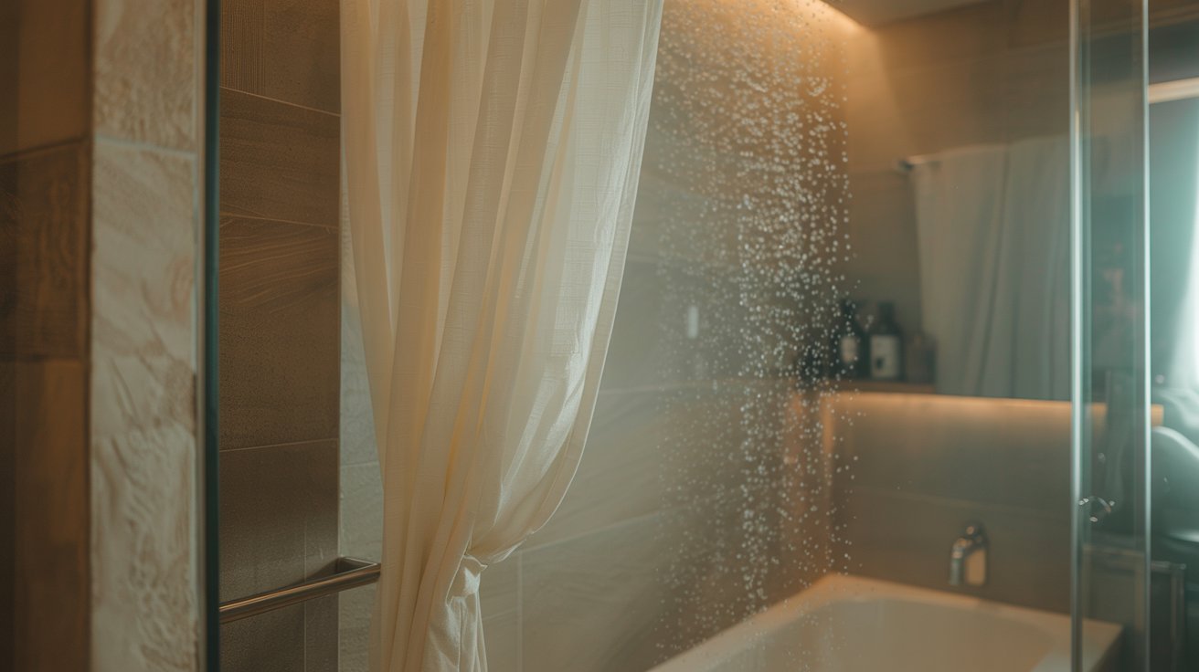 A shower curtain drapes over the edge of a bathtub, creating a barrier for privacy during bathing.