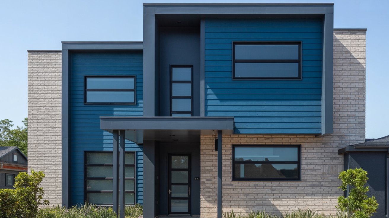 Modern house featuring blue siding and sleek black windows against a clear sky.