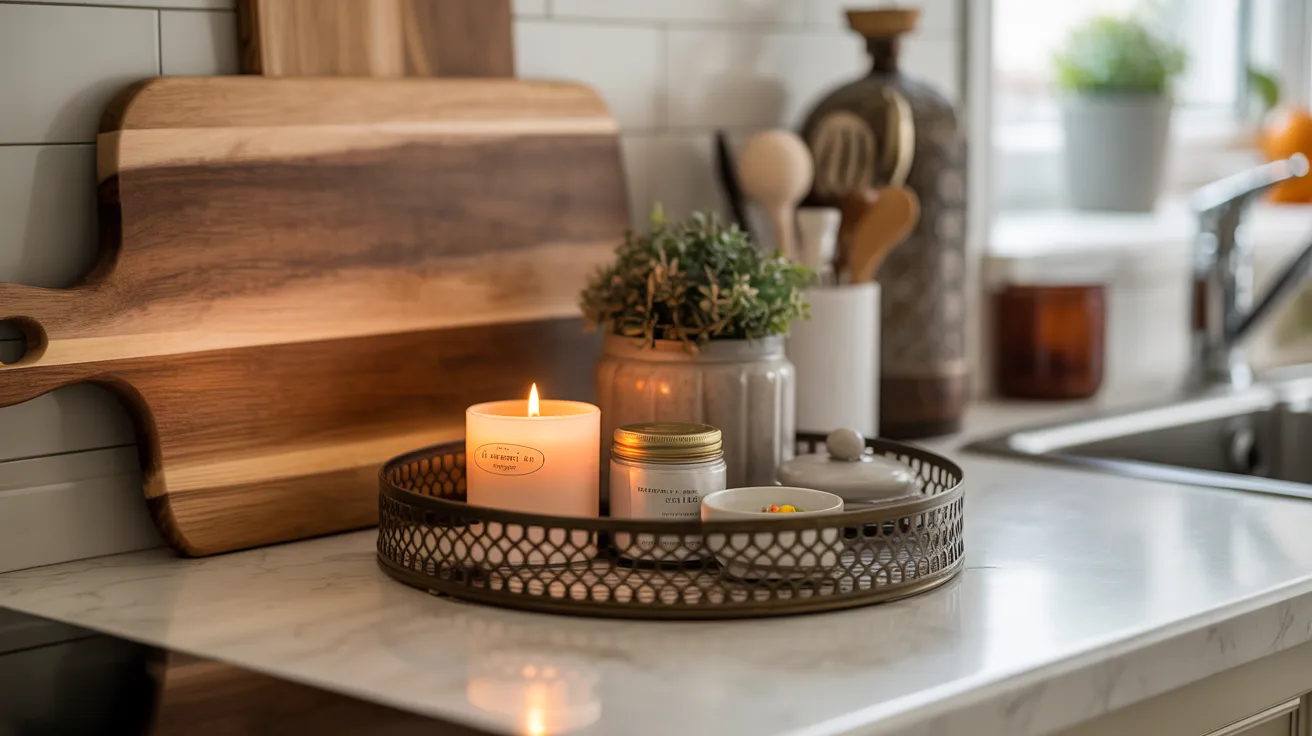 Cozy kitchen counter scene with a lit candle and potted plant on a decorative tray. Wooden cutting boards and rustic jars create a warm, inviting atmosphere.