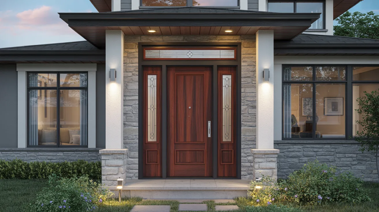 Modern home entrance with a rich wooden door, glass panels featuring geometric patterns, and stone facade. Evening lighting creates a welcoming ambiance.