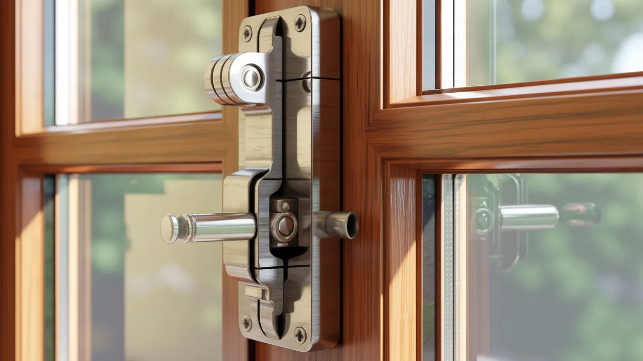 A secure metal door lock is installed on a wooden frame, illuminated by sunlight. Outside, blurred greenery suggests a peaceful, secure home environment.
