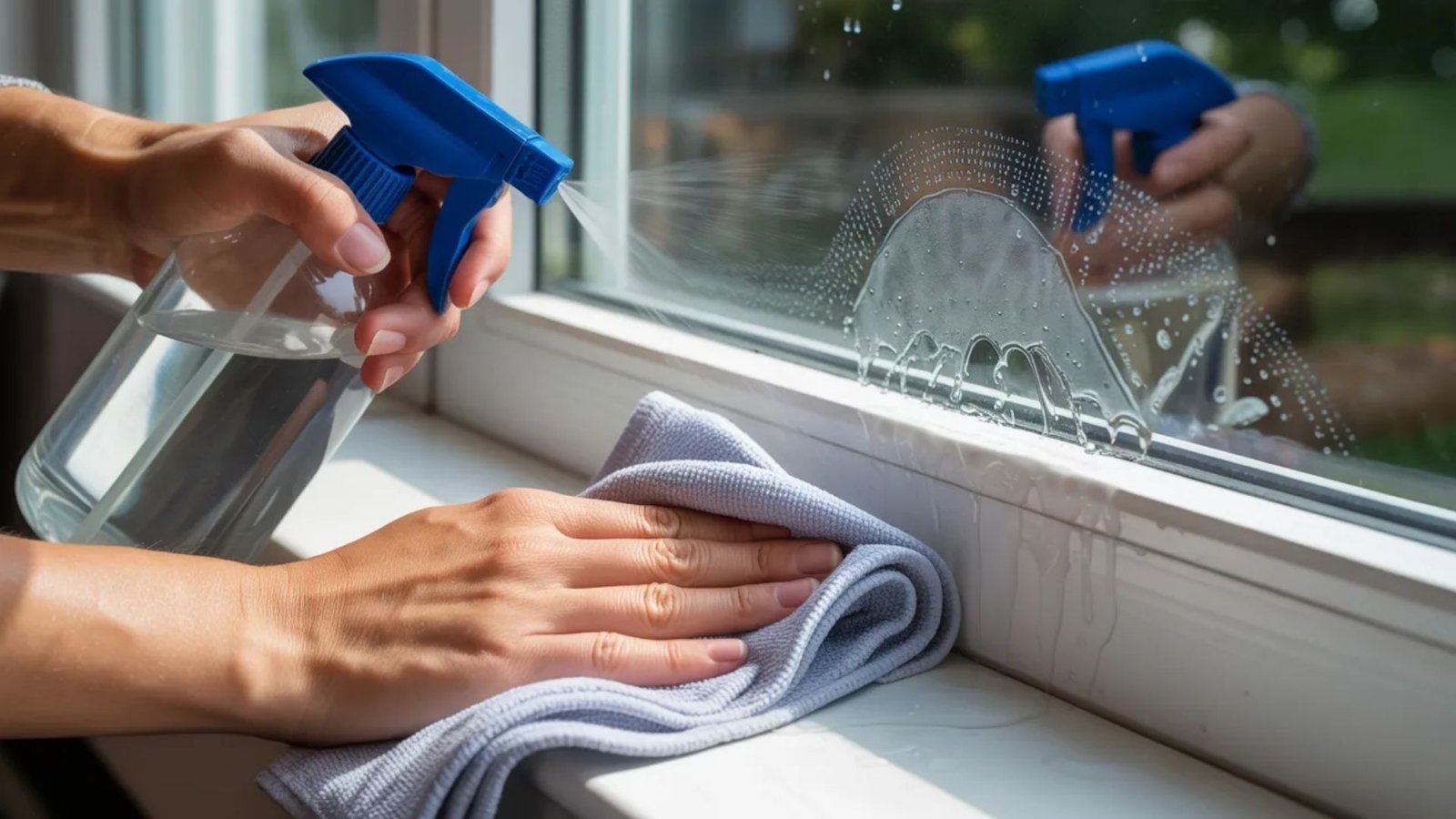 A person using a spray bottle to clean a window, focusing on removing dirt and smudges for a clear view.