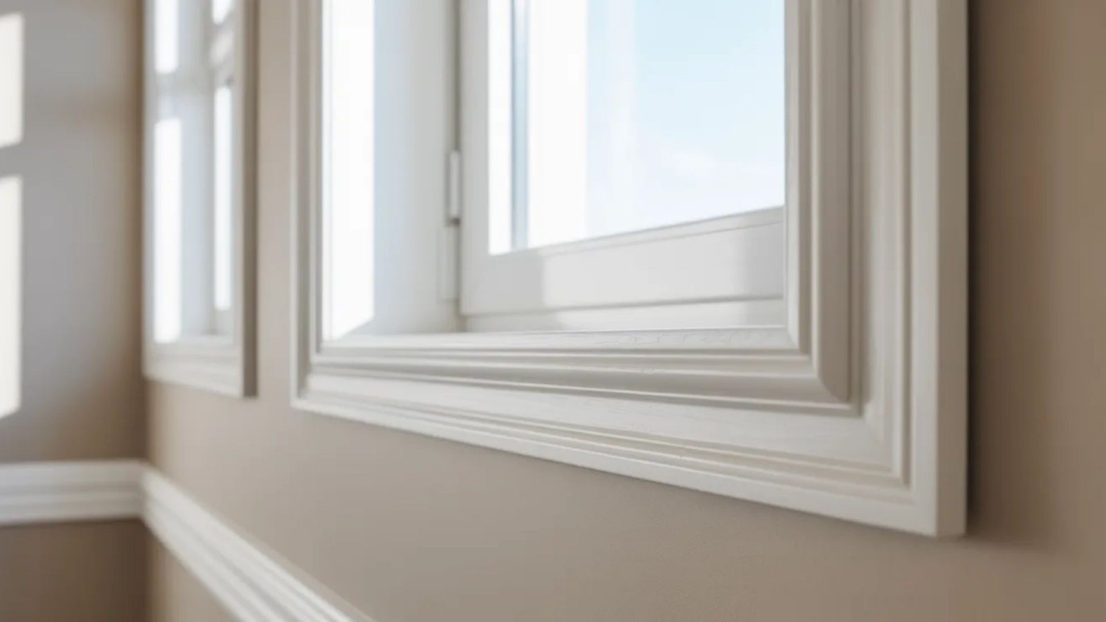A window featuring white trim, showcasing a clean and bright aesthetic.