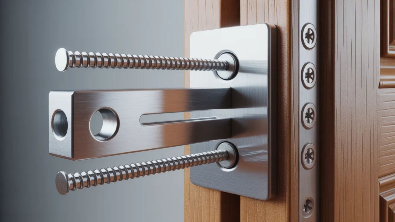 A close-up of a secure door lock shows two robust metal bolts extended from a polished plate into a wooden door frame, conveying safety and stability.