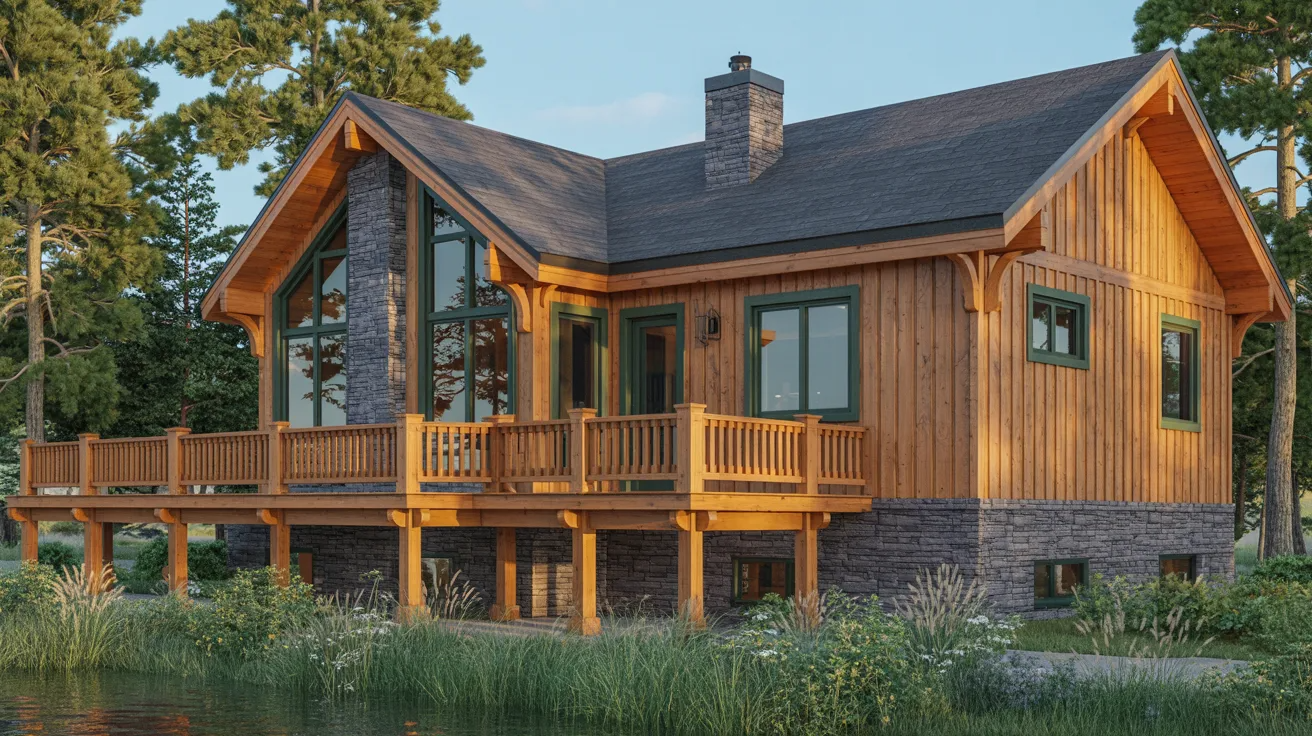 A serene cabin by the water, surrounded by trees, reflecting a peaceful natural setting.