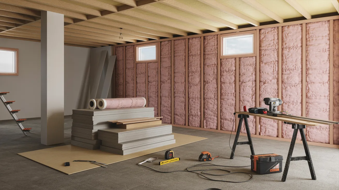 A room filled with various construction materials and tools, including wood, nails, and power tools scattered around.