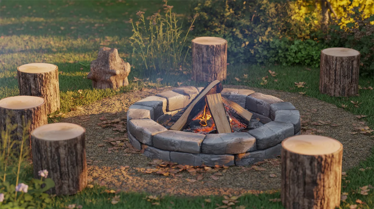 A cozy fire pit encircled by logs and trees, creating a warm outdoor gathering space.