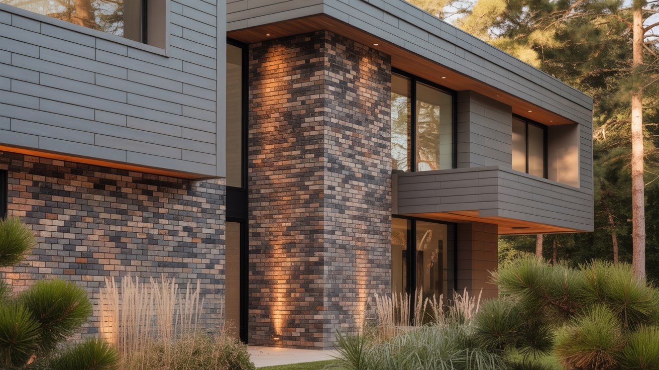 Modern home featuring a brick exterior complemented by elegant stone accents.