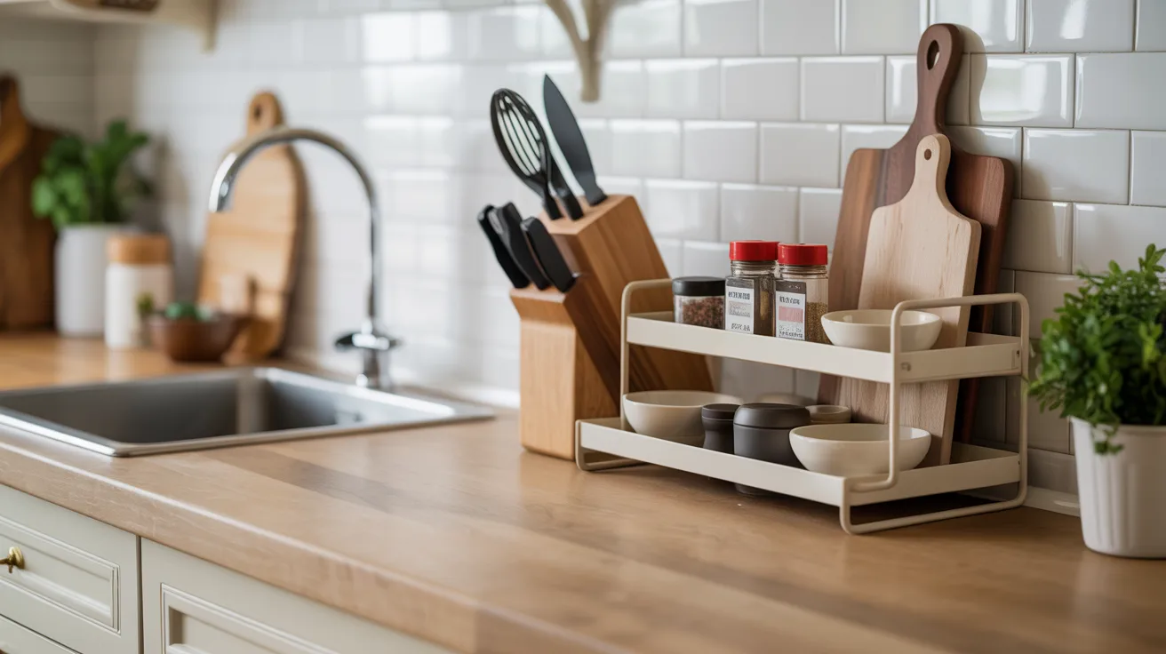 A tidy kitchen counter with a wooden surface features a metal rack holding spice jars and bowls, a knife block, and a potted plant. The backdrop is white subway tiles, creating a clean, organized vibe.
