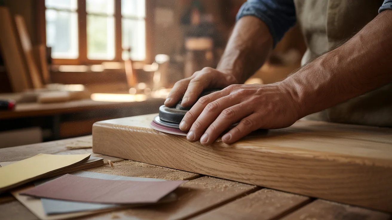 Hands using an electric sander on a wooden board in a workshop. Sunlight filters through a window, casting a warm glow on the workbench.