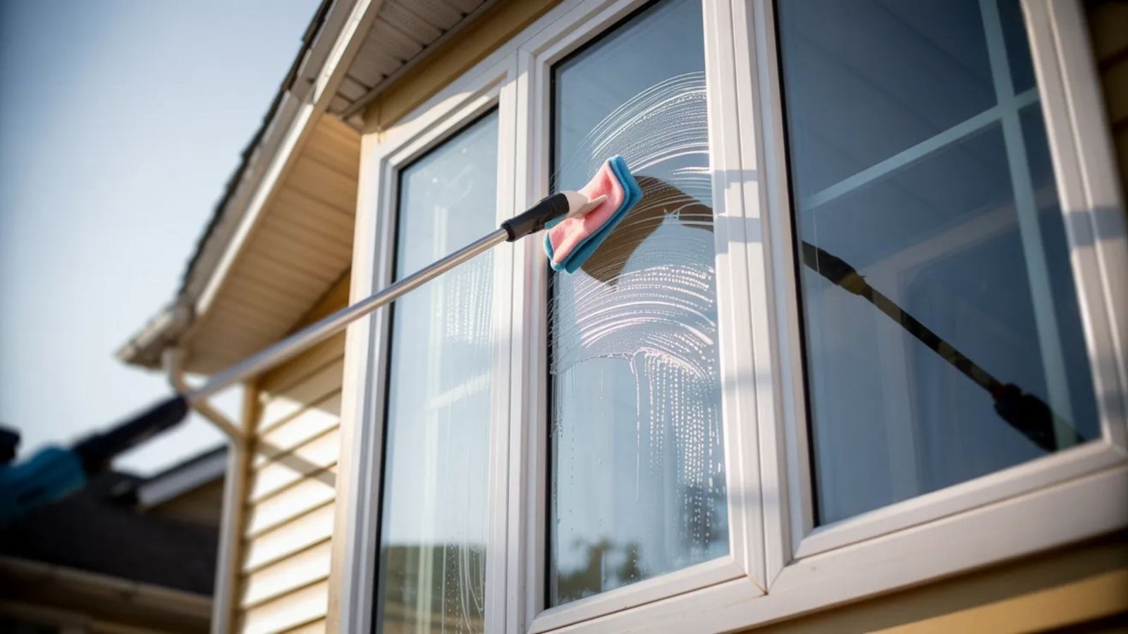 A person cleaning a window with a spray cleaner and cloth, ensuring a clear view through the glass.