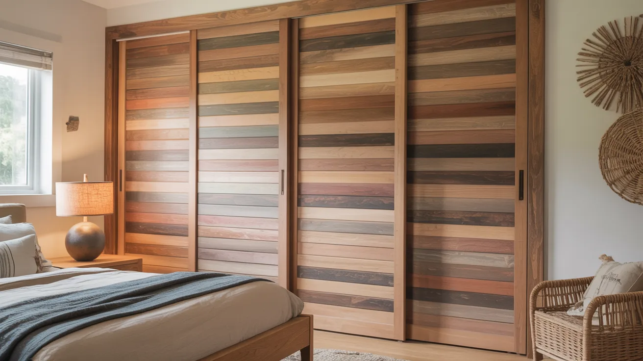 A cozy bedroom featuring a neatly made bed and large sliding doors leading to an outdoor space.