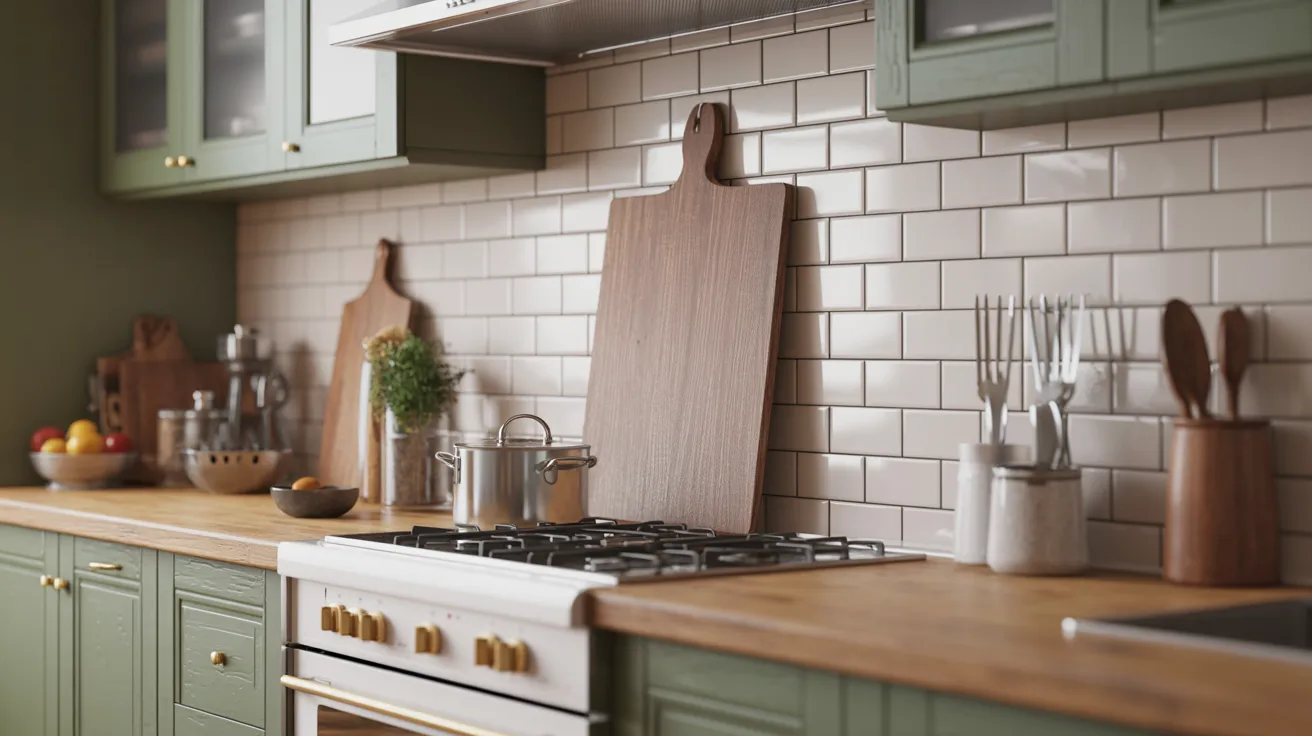 A cozy kitchen with green cabinets features a wooden countertop, white subway tile backsplash, and a stovetop with a pot. Cutting boards and fruit bowls add warmth.
