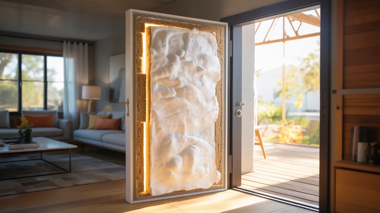 A modern, sunlit living room features an art-like door with a textured, glowing design. The open door reveals a sunlit patio and garden outside.
