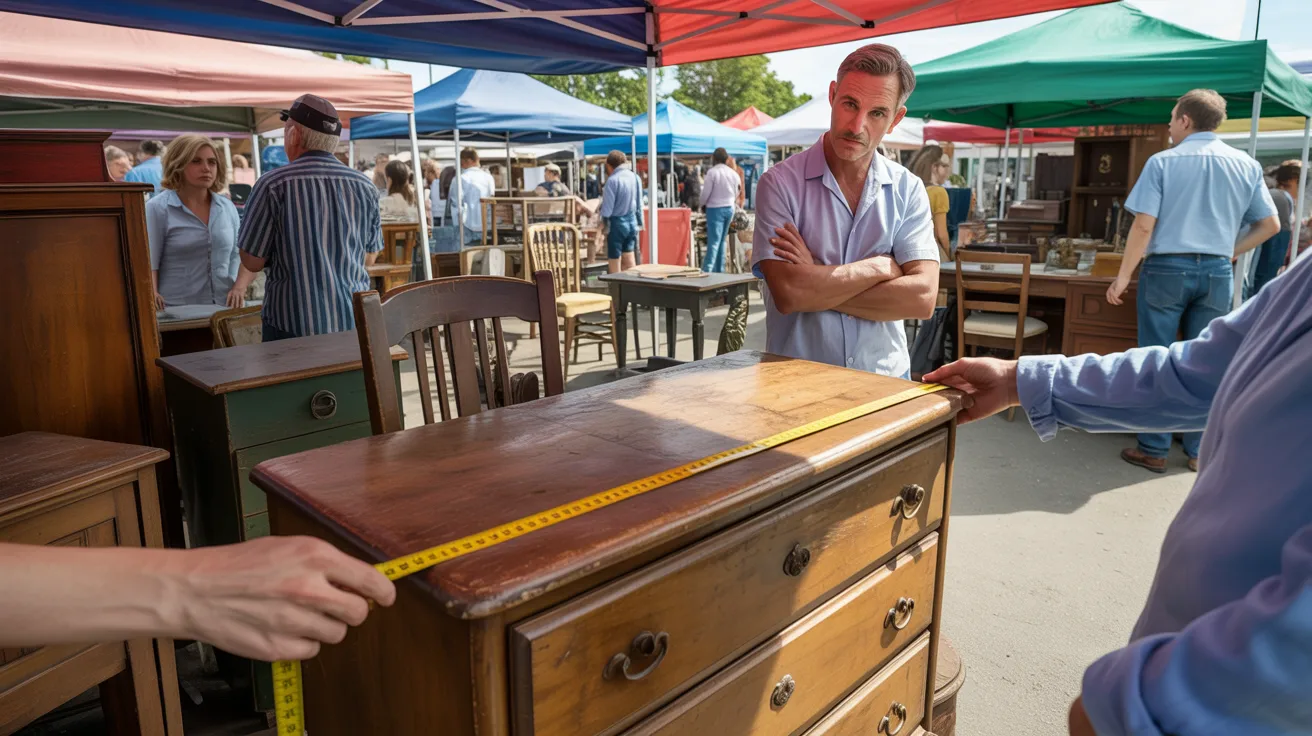 People at a bustling outdoor antique market measure a wooden dresser with a tape measure. Various vintage furniture pieces are visible under colorful tents.