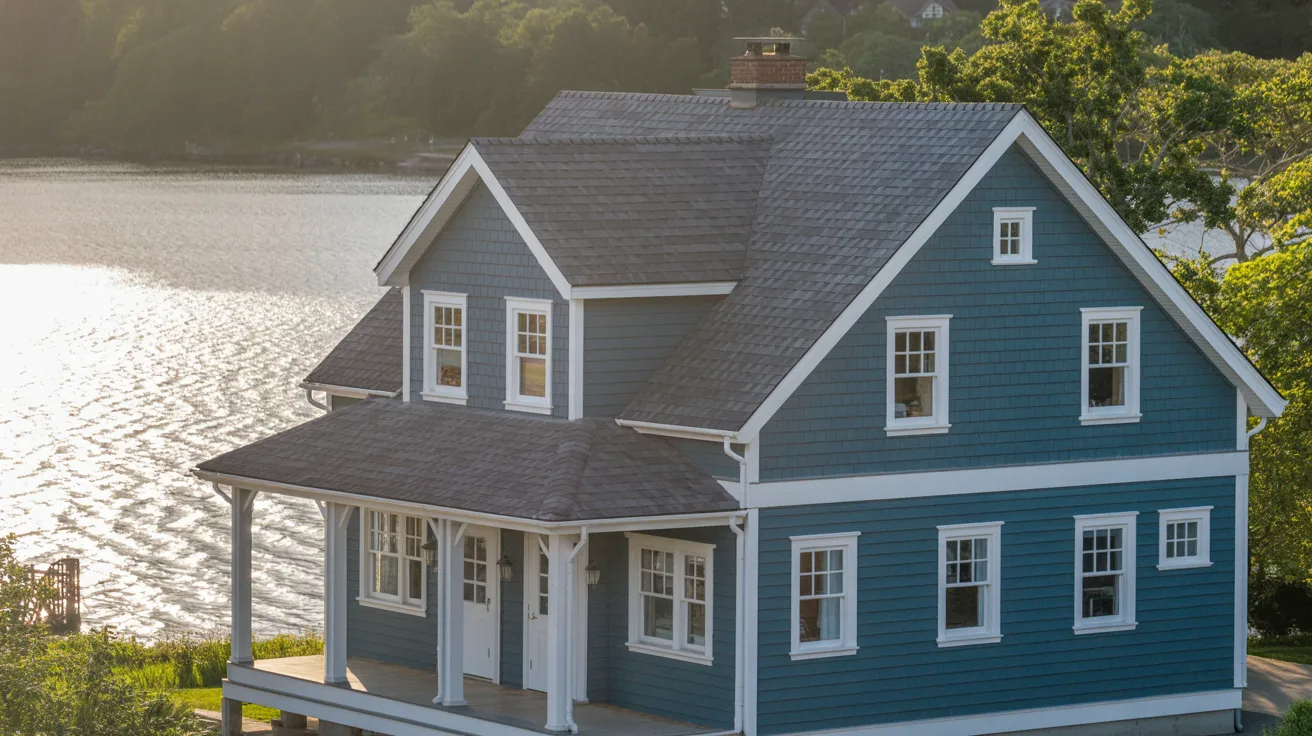 A blue house with white trim features a welcoming porch, surrounded by greenery.