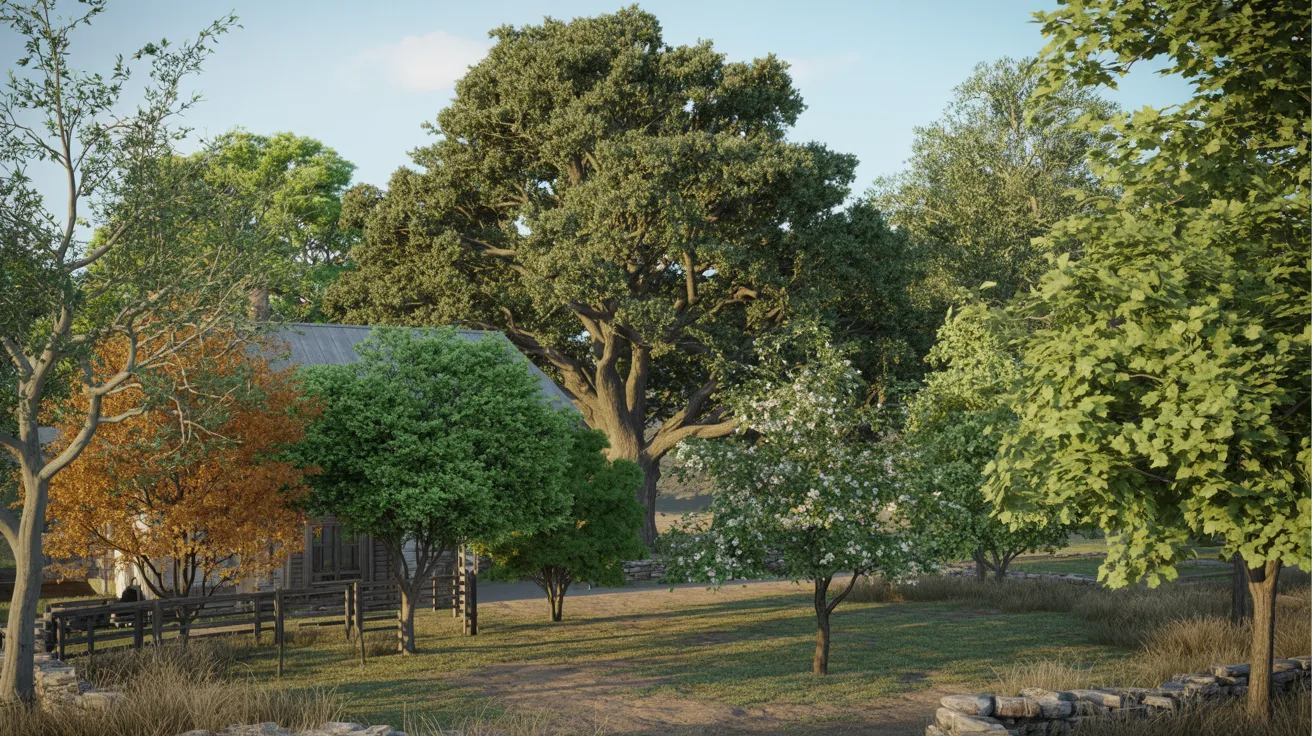 A vibrant farm landscape from Farm Simulator 19, featuring fields, crops, and farming equipment under a clear blue sky.