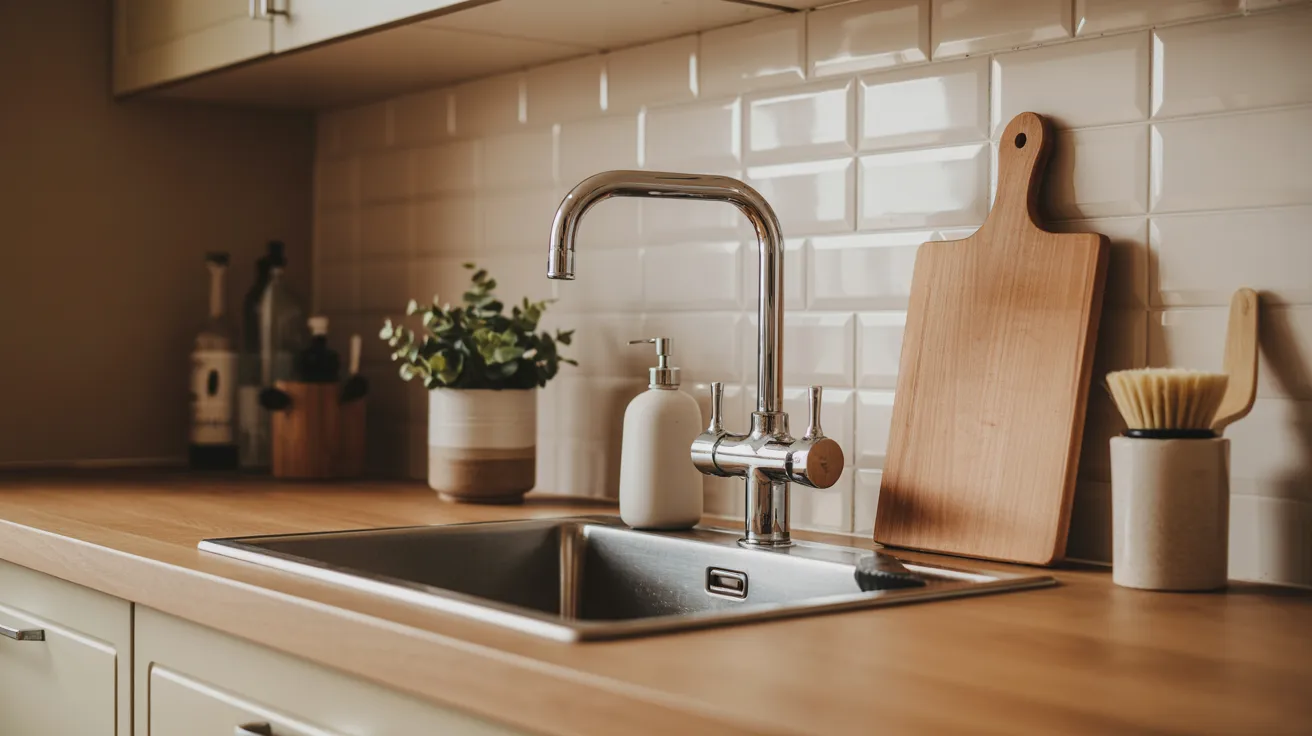Modern kitchen scene with a shiny chrome faucet over a sleek stainless steel sink, wooden countertop, cutting boards, plants, and soap dispenser. Warm, tidy ambiance.