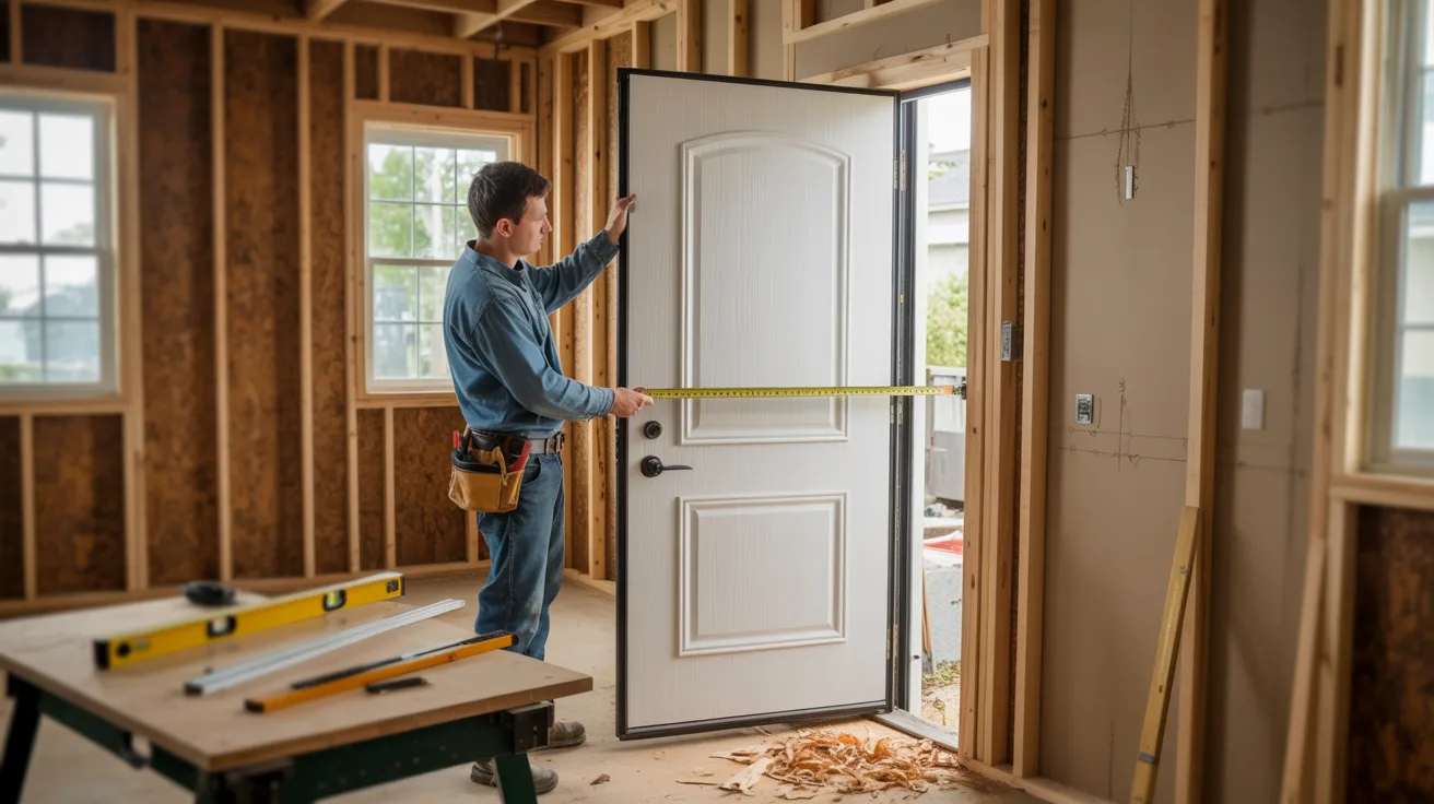 A man in blue jeans and a shirt measures a white door frame with a tape measure in a partially constructed room, conveying precision and focus.