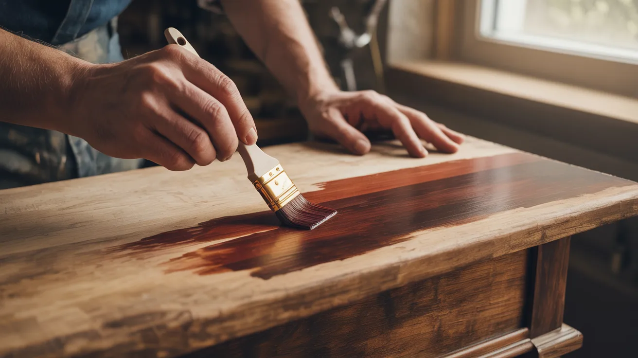 A person carefully applies a rich, dark wood stain to a wooden surface with a brush, near a sunlit window, conveying focus and craftsmanship.