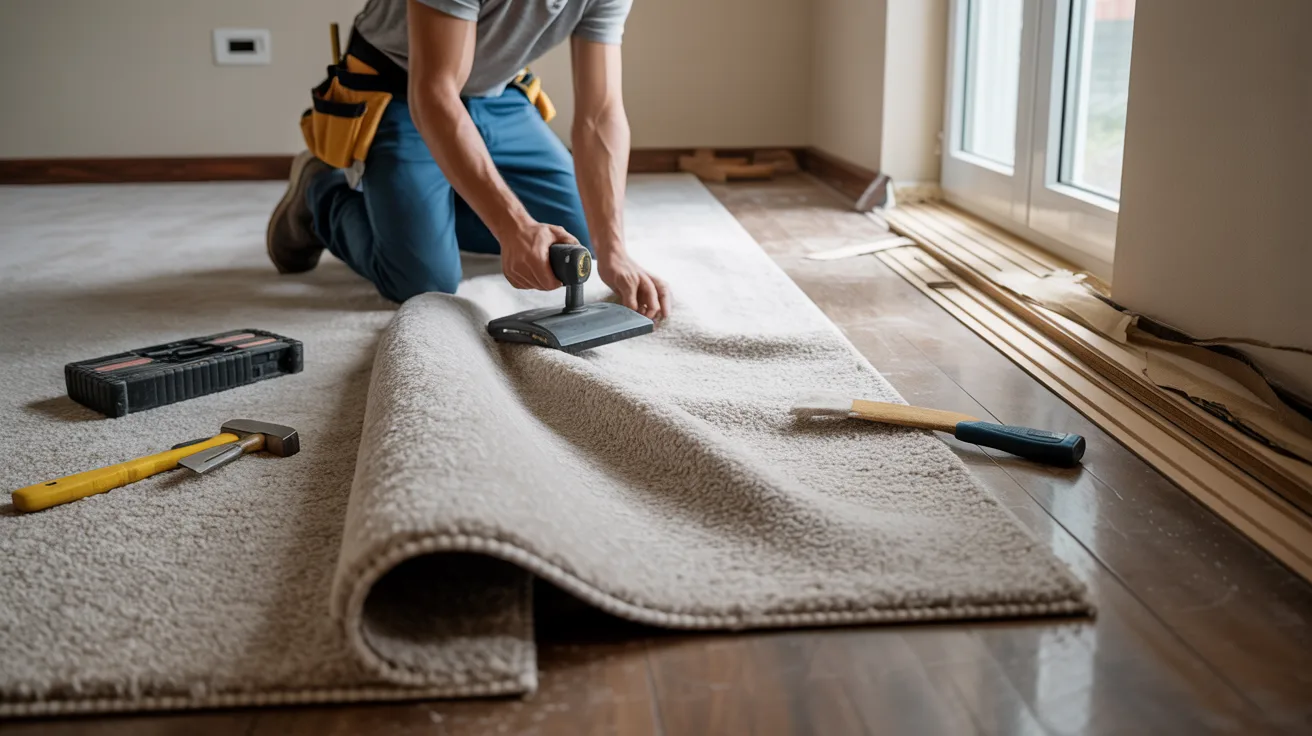A man is installing carpet on a hardwood floor, carefully aligning the edges for a smooth finish.