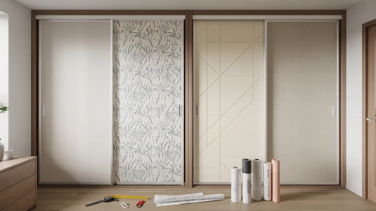 A room featuring sliding doors and a wallpapered wall, creating a cozy and inviting atmosphere.