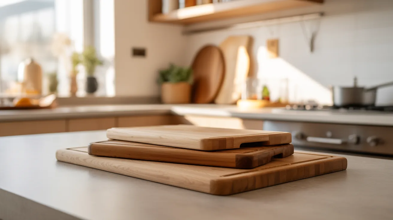 A stack of wooden cutting boards on a kitchen countertop bathed in warm sunlight, with neatly arranged kitchen tools and plants in the blurred background.