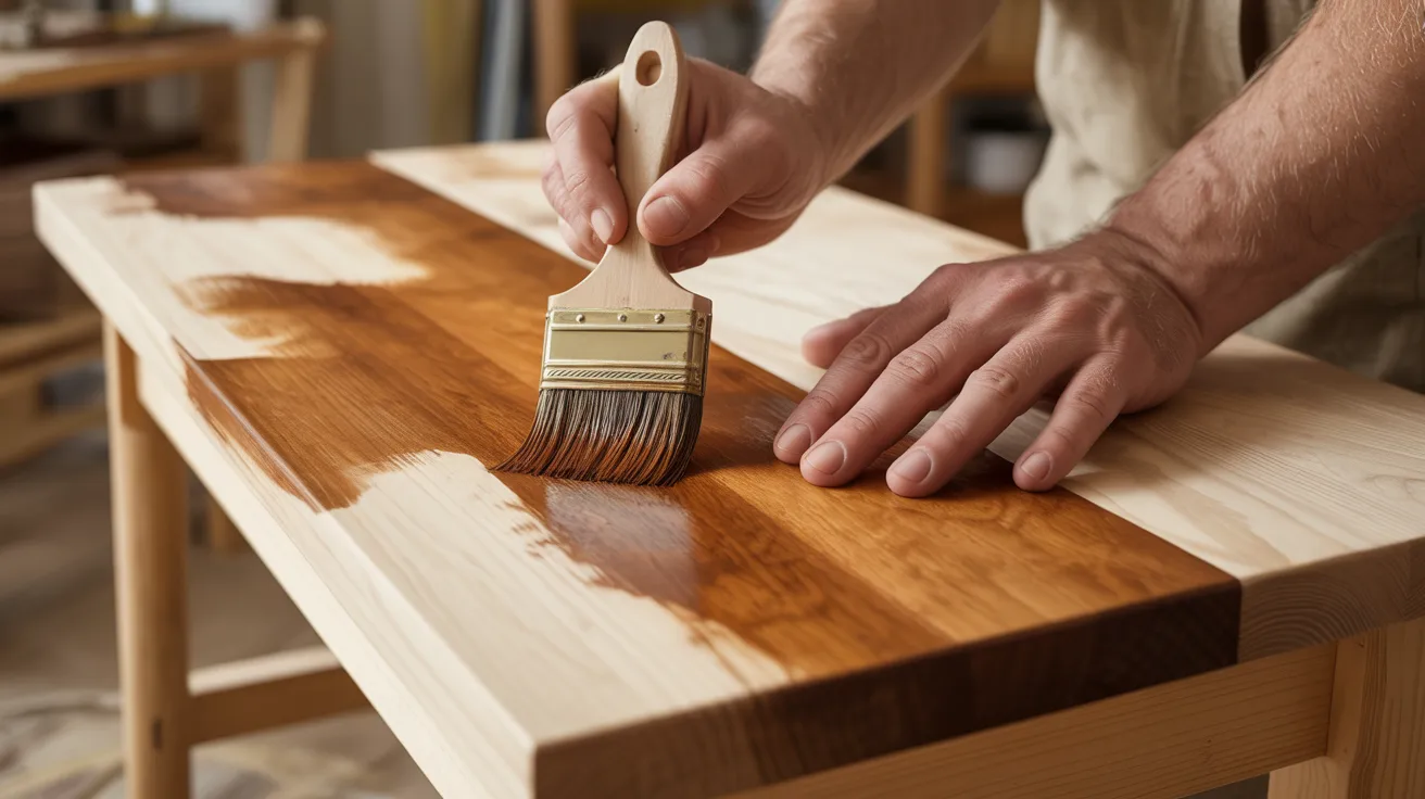 A person is varnishing a wooden table. The table's surface is partially coated with a rich brown finish, showcasing the wood grain, creating a warm, crafted feel.
