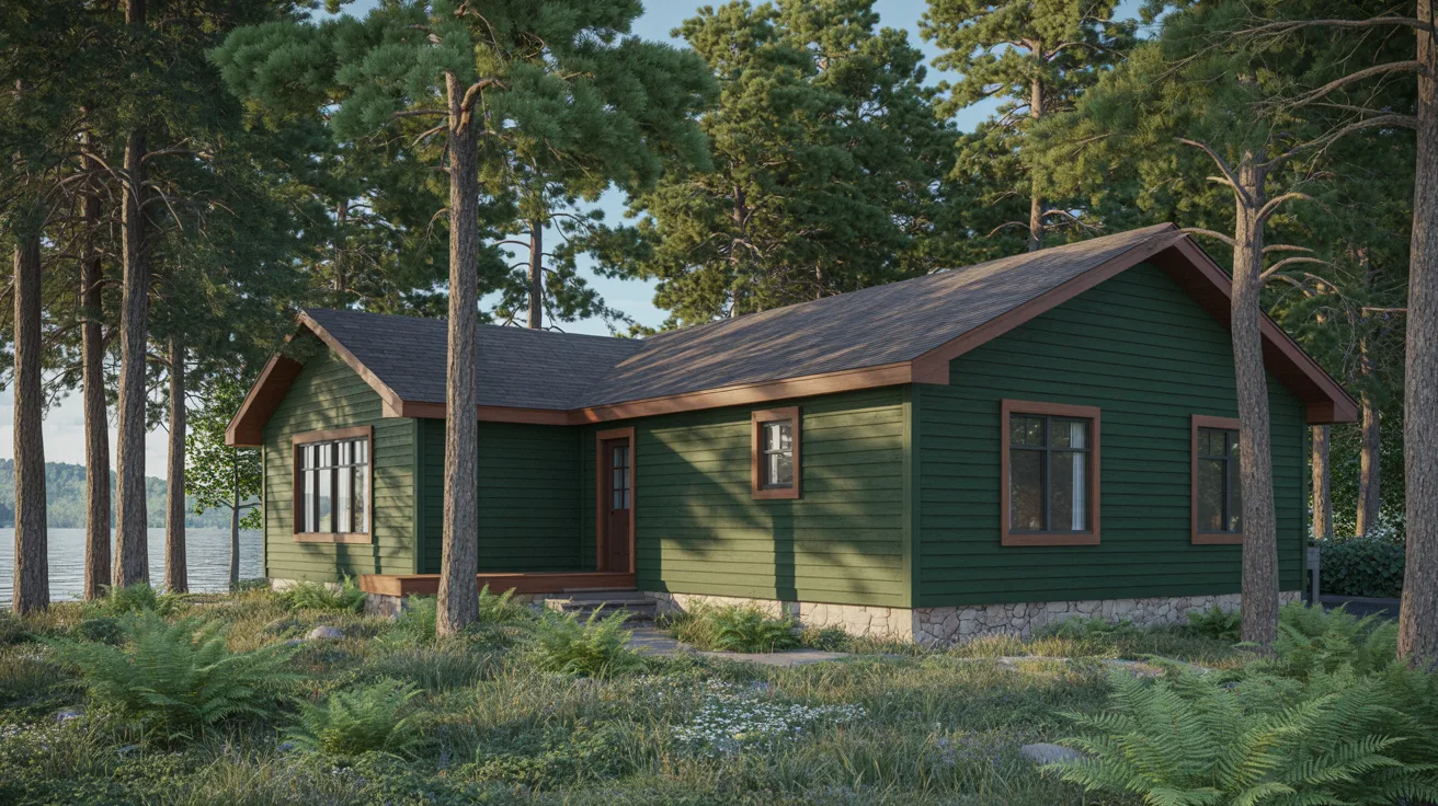 A small cabin nestled among tall trees in a serene forest setting.