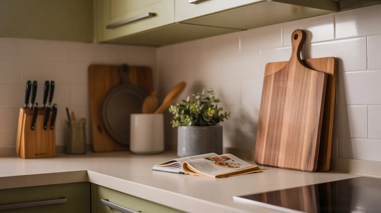 A cozy kitchen countertop with wooden cutting boards, a knife block, potted plant, and an open cookbook. Soft lighting and green cabinets evoke warmth.