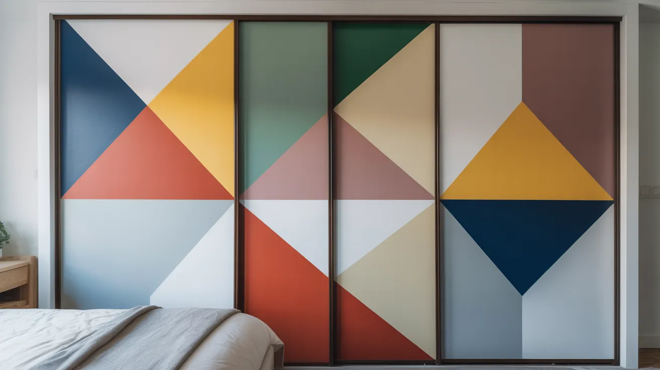 A bedroom featuring a vibrant geometric patterned wall in various colors, creating a lively and modern atmosphere.