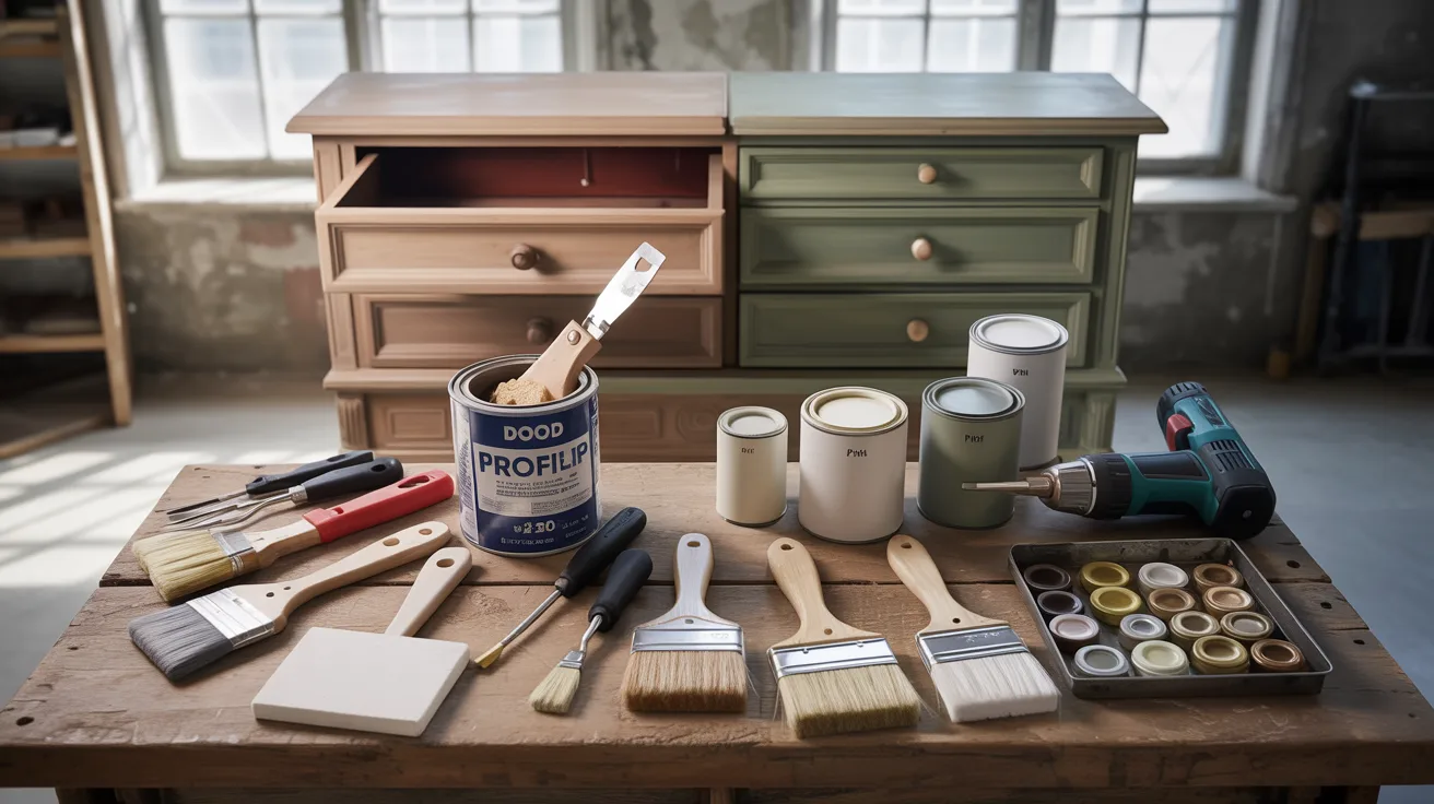 A rustic workshop table displays various paintbrushes, cans of paint, a drill, and a putty knife, set against two vintage dressers by a sunlit window.