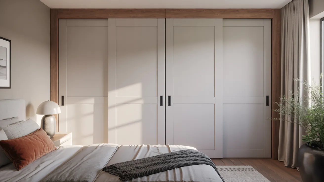 A cozy bedroom featuring a neatly made bed and large sliding doors leading to an outdoor space.