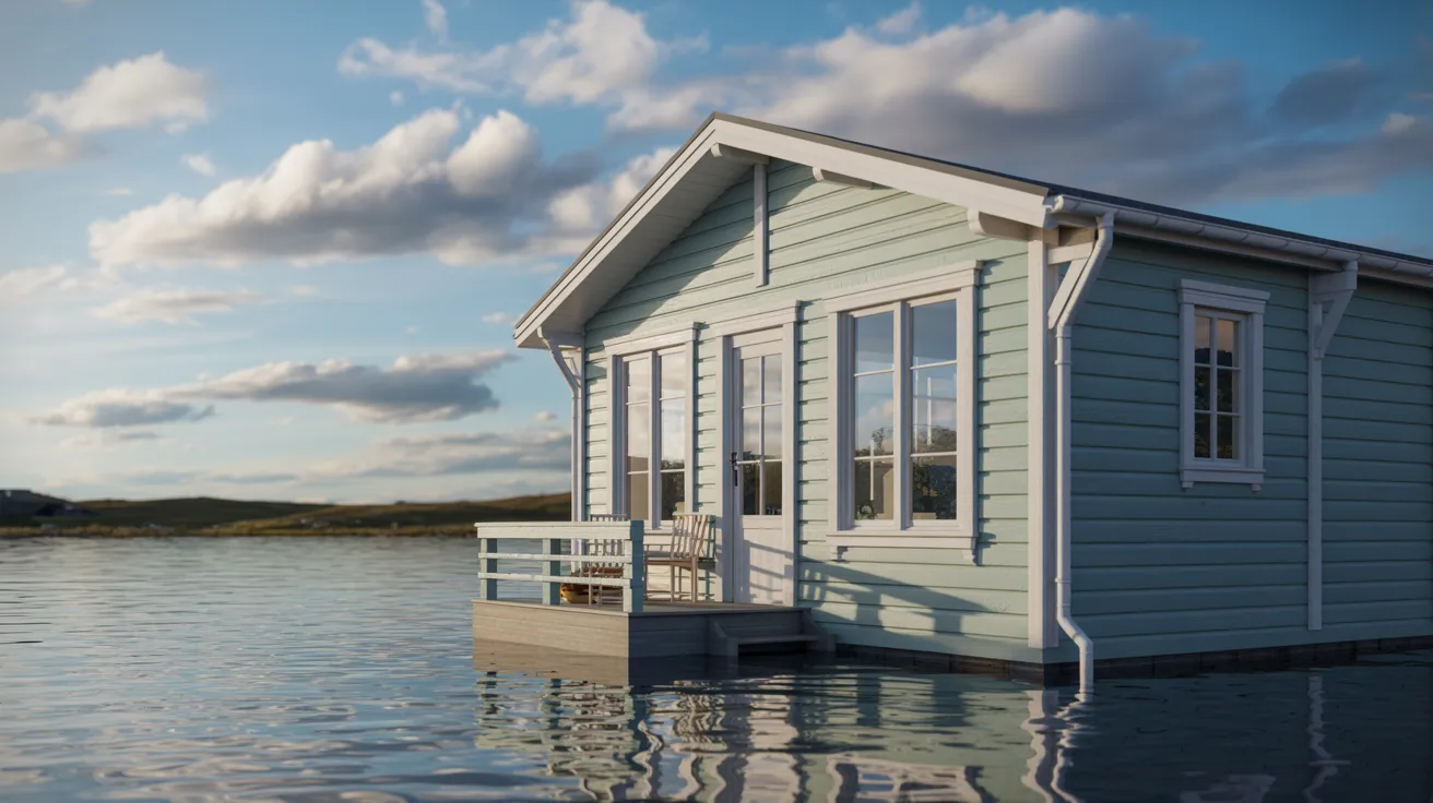 A serene floating house situated in the center of a tranquil lake, surrounded by lush greenery and clear blue skies.