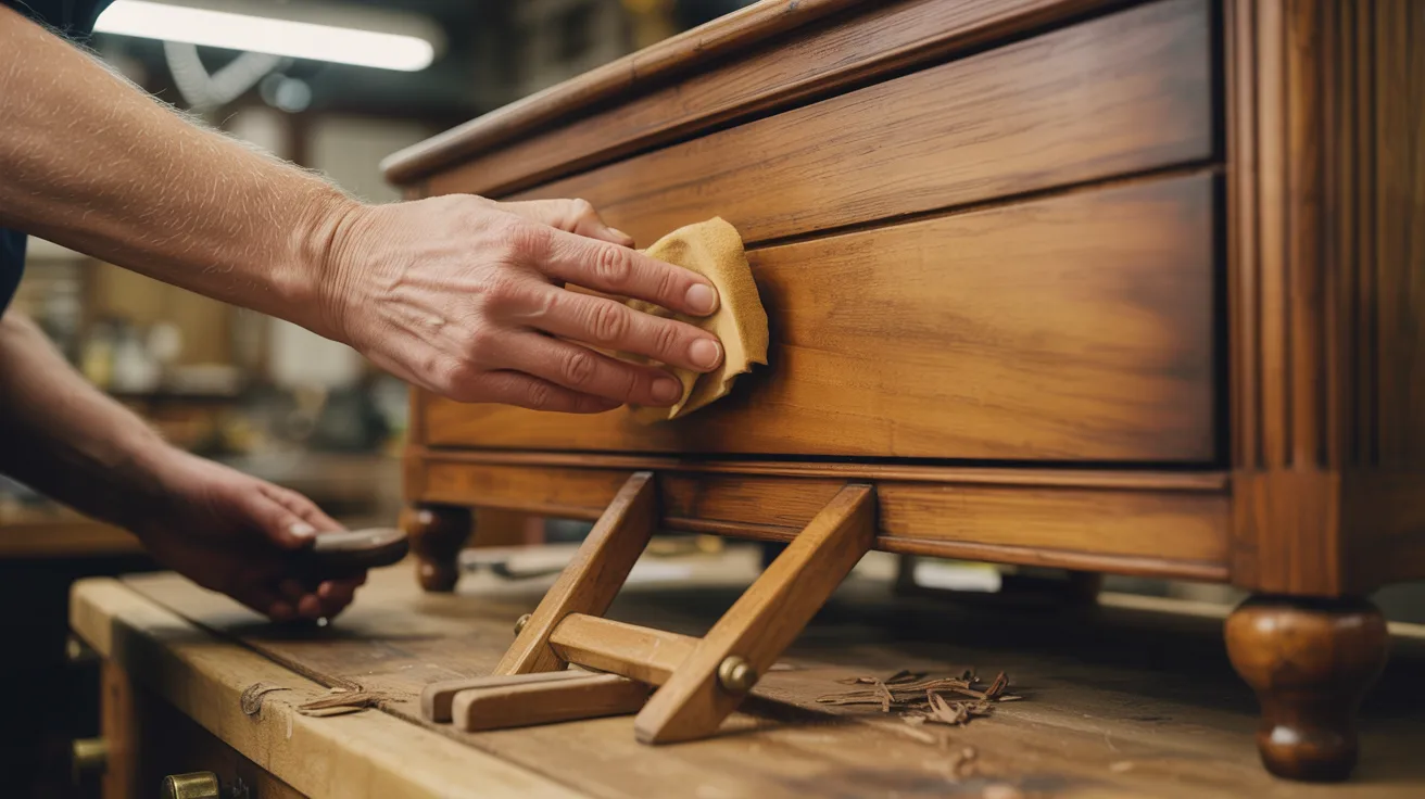 A craftsman's hand polishes a wooden table with a cloth in a workshop, conveying care and attention to detail. Wood shavings and tools lie nearby.