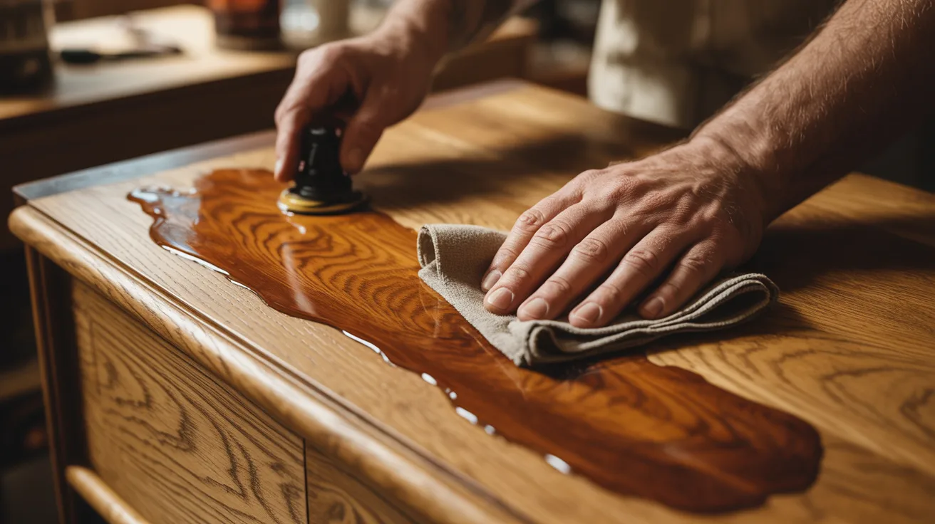 Hands are polishing a wooden table with a cloth and buffer, applying glossy varnish. The scene conveys craftsmanship and attention to detail.