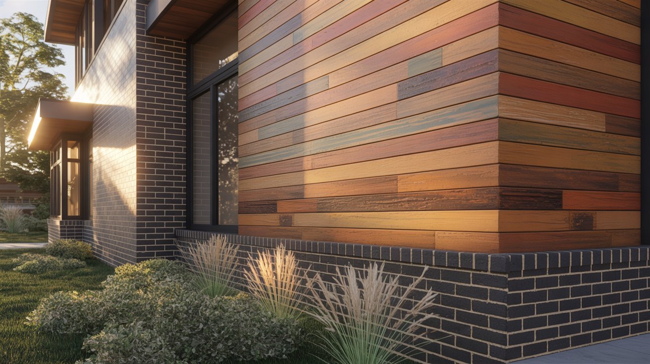 A contemporary home featuring sleek wooden siding and large windows, set against a clear blue sky.