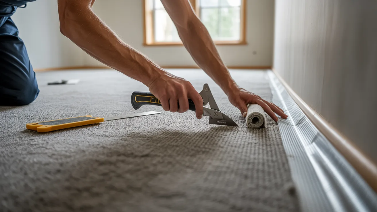 A man laying down a roll of carpet on the floor, focused on aligning it properly.