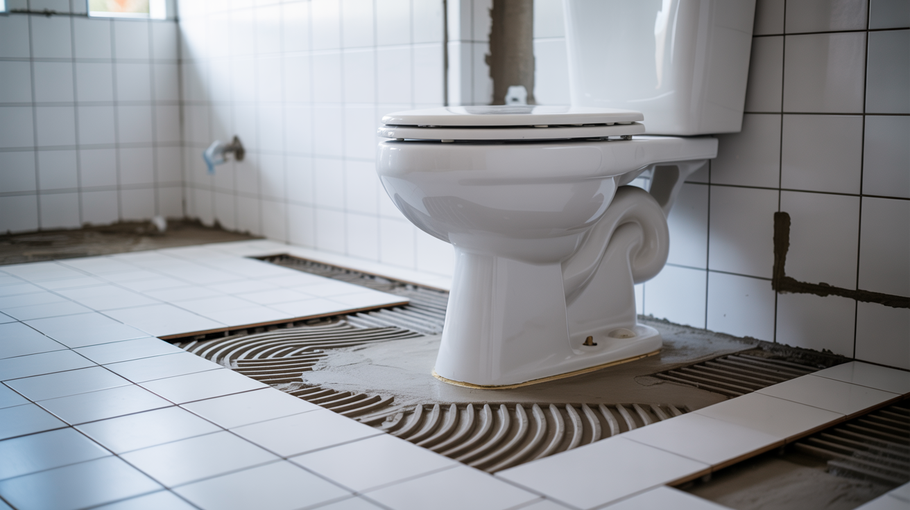 A white toilet installed on a tiled bathroom floor, with nearby tiles partially laid on cement. The setting suggests ongoing renovation work.