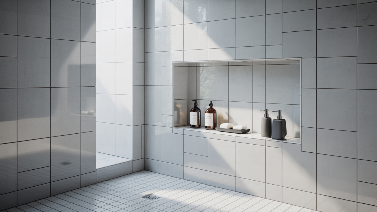 Sunlit bathroom with sleek white tiles, a recessed shelf holding bottles and soap. Natural light streams in, creating a serene, minimalist ambiance.