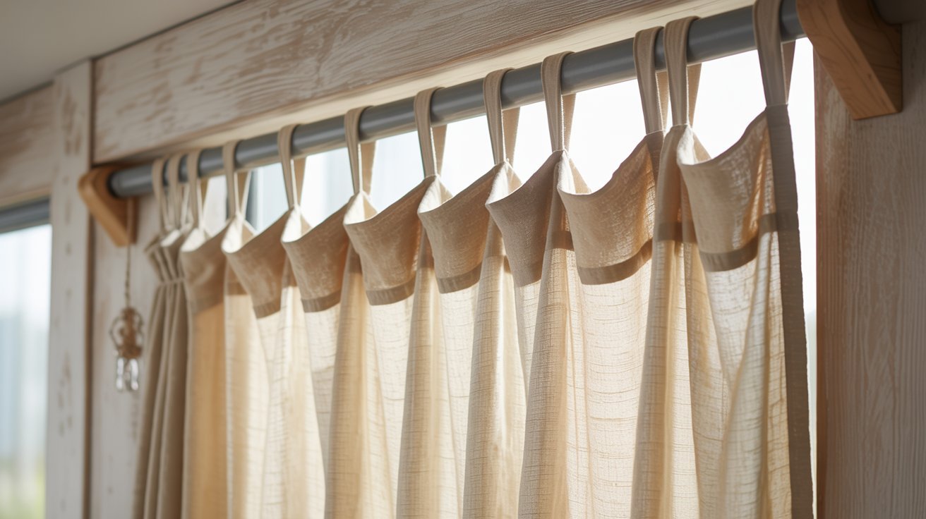 A curtain draped on a rod, softly framing a window in a well-lit room.
