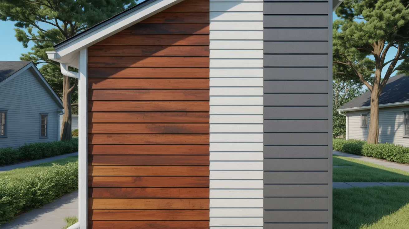 A small house with three types of siding: brown wood, white panels, and gray panels. It's sunny, with trees and other houses in the background.
