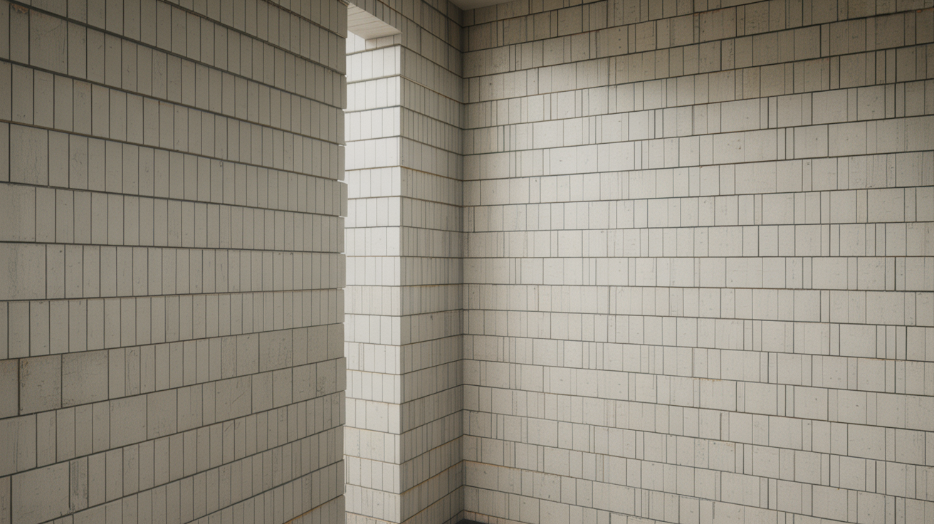 Plain white-tiled walls form a corner with a small open doorway, creating a minimalist, stark atmosphere. The scene conveys emptiness and simplicity.